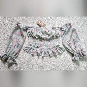 Entro Floral Off-Shoulder Crop Top - Pink and Green